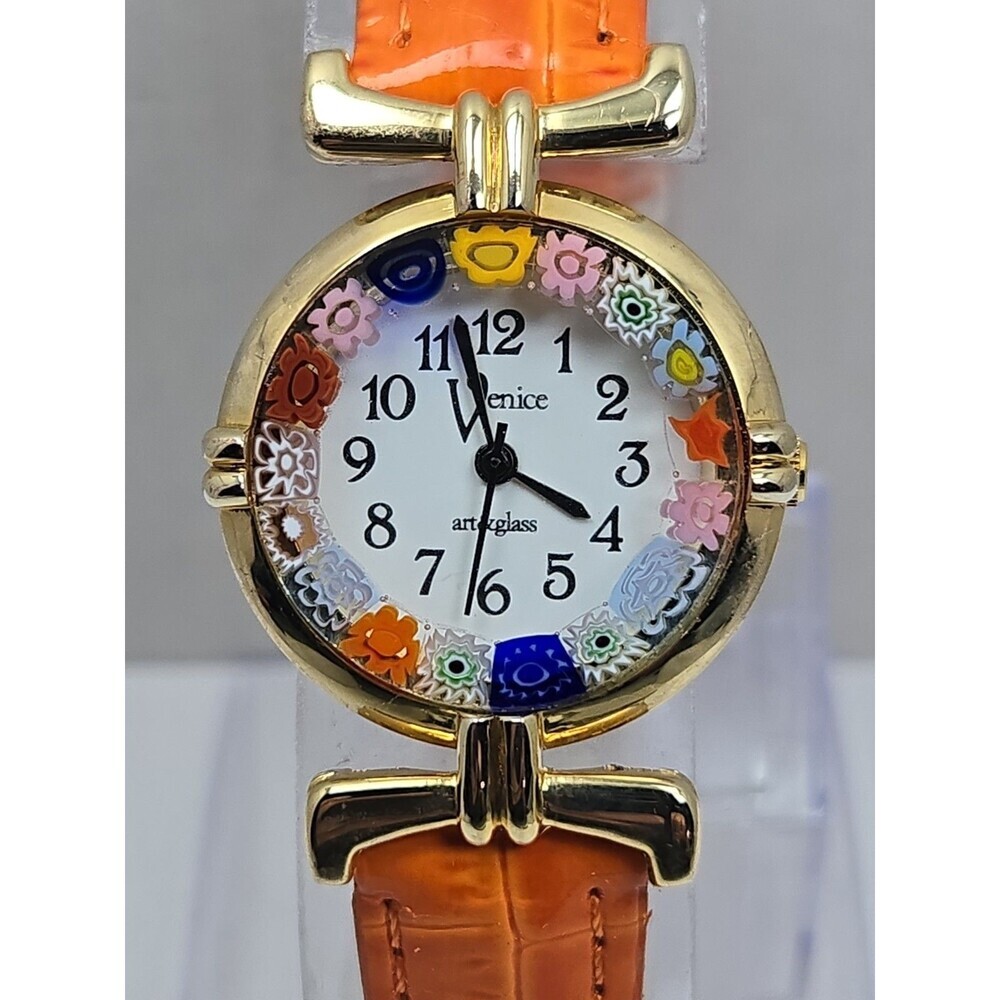 Venice Art Glass Murano Millefiori Gold Tone Orange Round Wristwatch New Battery - Picture 4 of 12
